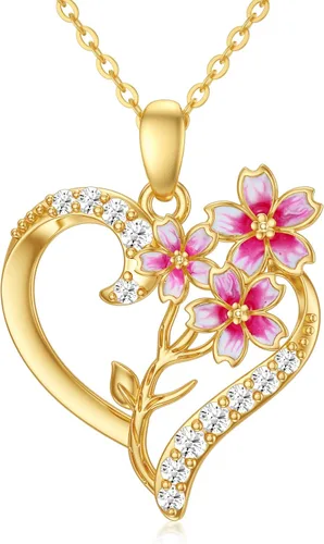 Miniatura 26 de Collar de flor de nacimiento de oro real de 14 quilates para mujer, oro amarillo creado moissanita con colgante de corazón, collares
