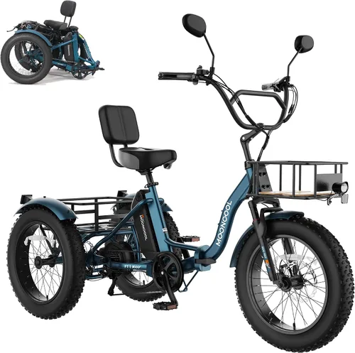 Miniatura 17 de MOONCOOL Triciclo eléctrico para adultos, marco de aluminio de neumático grueso de 1000 W, 4 pulgadas, batería de 48 V y 14.5 Ah, frenos de disco