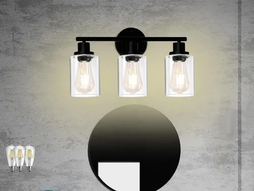 Miniatura 7 de Ldeco Luces de tocador de 3 luces para baño, lámpara de baño negra y dorada con pantalla de vidrio transparente de burbujas, luces modernas