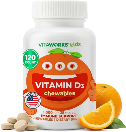 VitaWorks Tabletas masticables de vitamina D de 1000 UI para niños, sabroso sabor natural a naranja, vegano, sin OMG, sin gluten, vitaminas sin