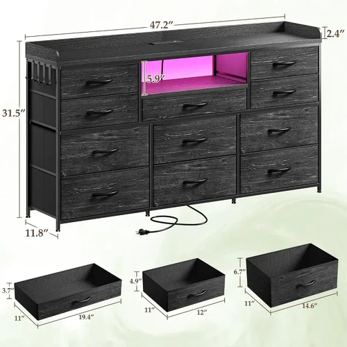 Miniatura 3 de Cómoda negra para dormitorio con luces LED y estación de carga y 4 ganchos, 11 cajones y cómodas de tela larga para TV de 50, 55, 60 pulgadas