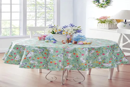 Miniatura 14 de Newbridge Blue Easter Cotton Tail Bunny Party 52 x 52 inch Square Vinyl Tablecloth with Flannel Backing, Bunny Rabbit, Easter Eggs and Floral Design