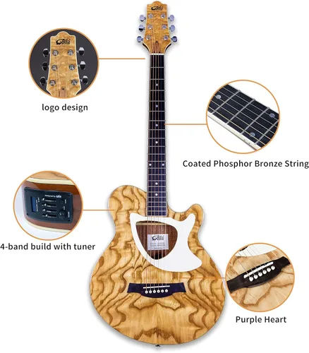 Miniatura 4 de Guitarra eléctrica acústica de 39 pulgadas, cuerpo delgado, afinador incorporado, cuerpo de acabado natural brillante de madera de fresno