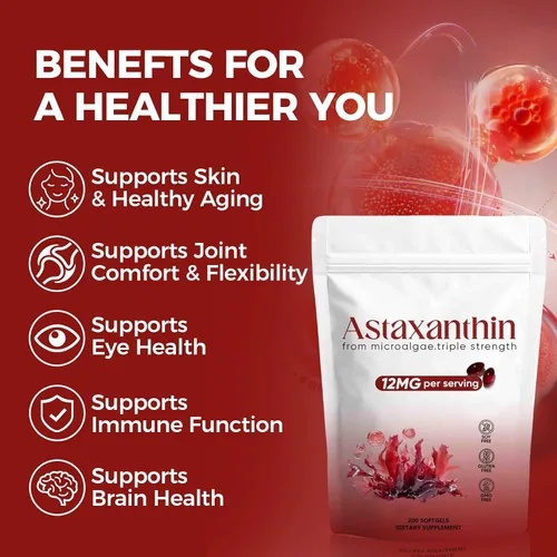 Miniatura 2 de Astaxantina 12 mg, suplementos antioxidantes de astaxantina para inmune, ojos, soporte de piel, sin OMG y sin gluten, 200 cápsulas blandas
