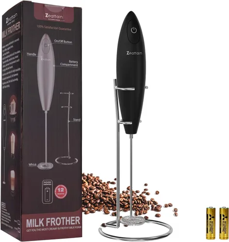 Batidora de mano con espumador de leche, batidor eléctrico con pilas para capuchino, café con leche, café, matcha y más, color negro