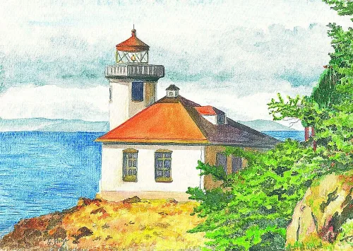 Lima horno Faro paisaje, isla de San Juan, Washington. Paspartú acuarela impresiones de arte (5 x 7)