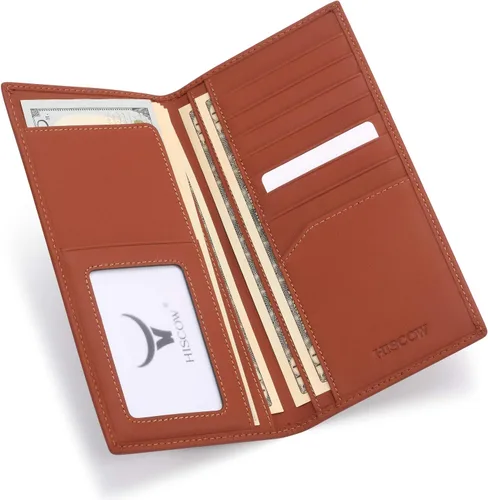 Miniatura 3 de HISCOW Cartera larga de cuero delgada para hombres y mujeres, piel de becerro italiana, cartera de bolsillo en el pecho para chequera, tarjetas