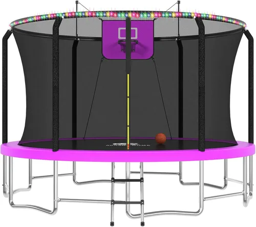 Miniatura 14 de ACWARM HOME Trampoline Outdoor 8FT 10FT 12FT 14FT 15FT 16FT Trampoline with Basketball Hoop and LED Lights, Recreational Trampolines for Kids and