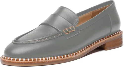 Miniatura 19 de FOGEENA Mocasines de cuero mate para mujer, estilo casual, sin cordones, punta redonda, tacón bajo grueso, zapatos de vestir de 1 pulgada