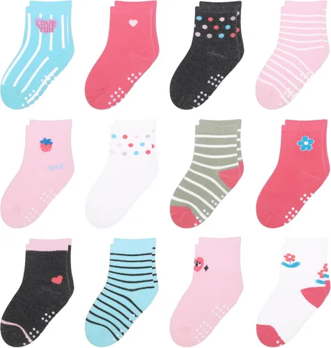 Miniatura 22 de 12 paquetes de calcetines antideslizantes para niños y bebés con agarre para niños de 1-7 años, calcetines de algodón de tripa para niños y niñas