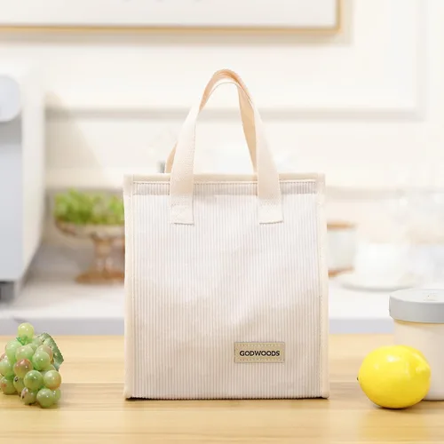 Miniatura 7 de TELLUMO Bolsa de almuerzo de corduroy para mujeres y hombres, linda bolsa de almuerzo con aislamiento y gran capacidad (7.5L), bolsa de almuerzo