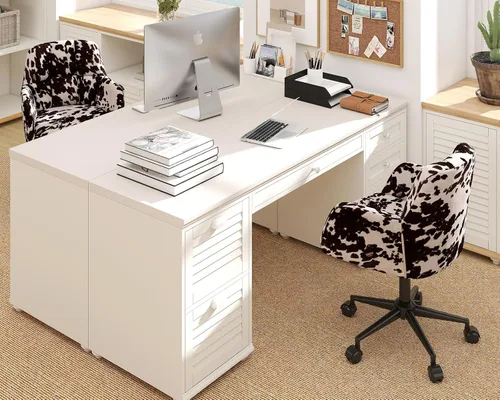 Miniatura 11 de HNY Silla de escritorio moderna de piel sintética, altura ajustable, cómoda silla giratoria de maquillaje con ruedas para sala de estar, computadora
