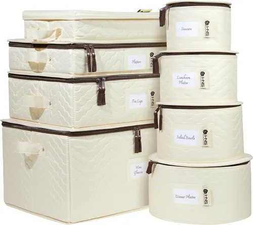 Juego de 8 cajas de almacenamiento de China para vajilla, vasos, platos, tazas y platillos, organizador de platos resistente con divisores para Beige
