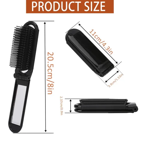 Miniatura 3 de Cepillo de pelo de viaje con espejo y peine de masaje, paquete de 2 herramientas de peinado compacto plegable para mujeres y hombres 2 Pack negro