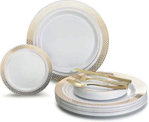 Miniatura 11 de Occasions" - Juego de 125 piezas (25 invitados) - Platos y cubiertos de plástico para boda, vajilla pesada desechable de 10.5 pulgadas, 6.25