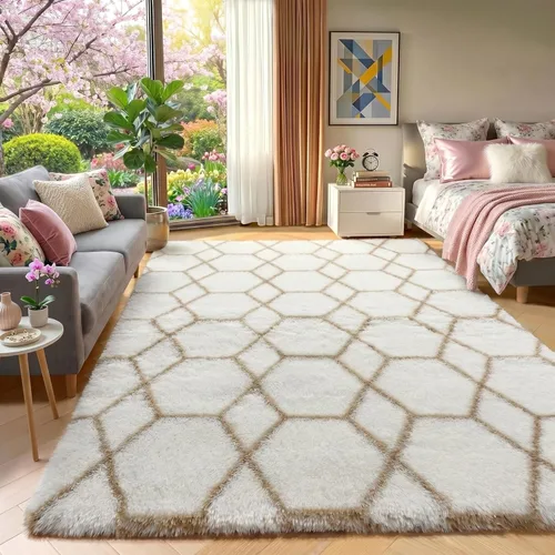 Miniatura 19 de ONASAR Alfombras de área para sala de estar y dormitorio, alfombra esponjosa lavable de 5x8 pies gris y blanca, alfombra de piso suave, afelpada