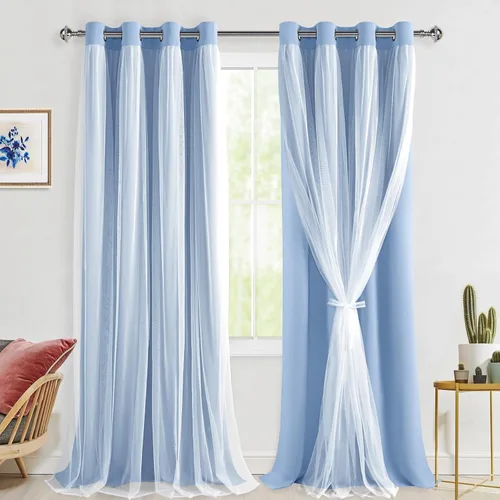 Miniatura 83 de Hiasan Cortinas opacas con superposición transparente, aislamiento térmico para mezclar y combinar de doble capa, cortinas de oscurecimiento de Beige