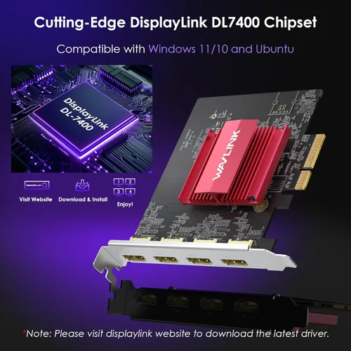 Miniatura 4 de WAVLINK Tarjeta 4K PCIE 4 monitores HDMI, adaptador PCIE a HDMI soporta extender 4 monitores de salida para Windows 11/10 y Ubuntu con DisplayLink