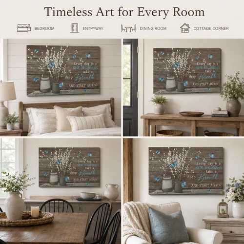 Miniatura 5 de Arte de pared de lienzo para baño estilo granja, vintage, rústico, país, flor, mariposa azul, pintura, imagen, decoración de pared, Cada día es un