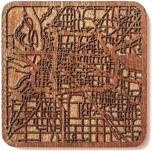 Miniatura 60 de Posavasos Amsterdam Map by O3 Design Studio, 1 pieza, posavasos de madera Sapele con mapa de la ciudad, hecho a mano, varias ciudades opcionales