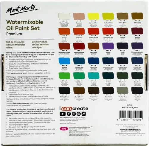 Miniatura 6 de Mont Marte MPOW3618 Pintura al óleo soluble en agua, diluida con agua, 1.2 x 0.6 fl oz (36 colores x 0.6 fl oz), juego de pintura al óleo mezclable