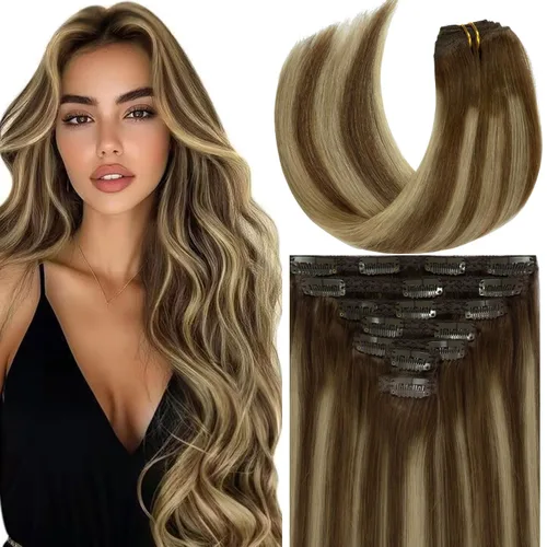 Miniatura 20 de Loxxy Extensiones de cabello humano con clip, sin costuras, 22 pulgadas, color marrón oscuro a castaño oscuro y marrón oscuro, 7 piezas