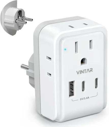 Miniatura 19 de VINTAR - Paquete de 1 adaptador de enchufe de viaje europeo, enchufe de alimentación internacional plegable con 2 salidas de CA, 3 puertos USB