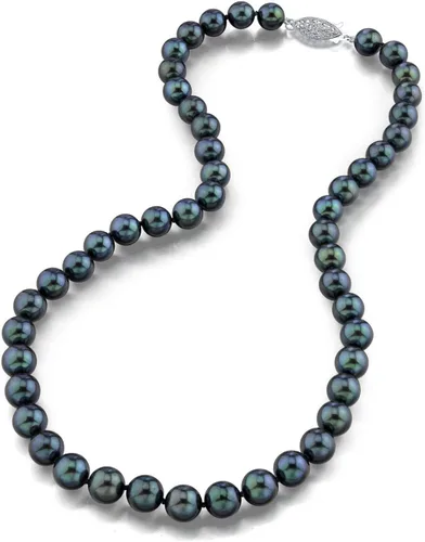 The Pearl Source 14K Gold 8.0-8.5mm Round Genuine Black Japanese Akoya Saltwater Cultured Pearl Necklace in 20" Matinee Length for Women