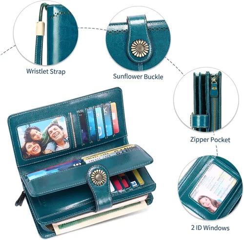 Miniatura 3 de HUANLANG Cartera grande de cuero para mujer con bolsillo para monedas, organizador de cartera RFID para mujer con correa para muñeca, Estilo 2