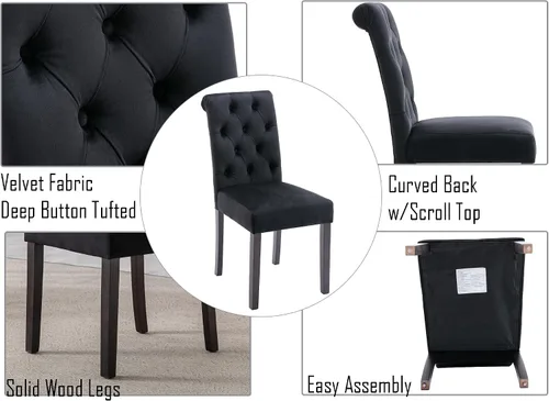 Miniatura 7 de Juego de 2 sillas de comedor de terciopelo tapizadas, modernas sillas decorativas copetudas, sillas laterales Parsons de madera para el hogar, negro