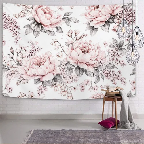 Miniatura 4 de Emvency Tapiz de flores y hojas rosas y grises, patrón floral de rosas, decoración del hogar, para colgar en la pared para sala de estar