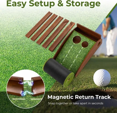 Miniatura 4 de Alfombrilla de golf para interiores con putter y 5 bolas, juego de devolución automática de bolas, terciopelo mate para el hogar, oficina, patio