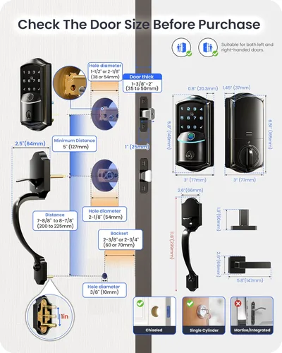 Miniatura 9 de Veise VE027-H - Cerradura inteligente de huella digital Wi-Fi integrada con manija, control remoto de aplicación y control de voz, juego de Negro