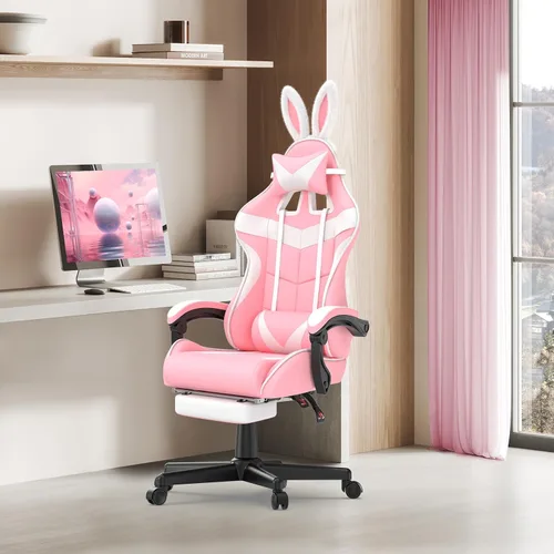 Miniatura 12 de Soontrans Silla de juegos azul claro con reposapiés, bonita silla de videojuegos de conejo, silla de escritorio Kawaii para nieta, hermana, novia