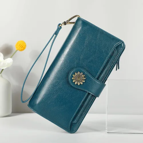 Miniatura 3 de Lavemi Carteras de cuero genuino de gran capacidad con bloqueo RFID para mujer, tarjetero con correa para la muñeca