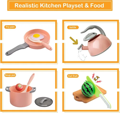 Miniatura 4 de Juego de 90 accesorios de cocina, cocina de simulación con ollas, sartenes, utensilios de cocina, alimentos, frutas, verduras, cestas de Rosa