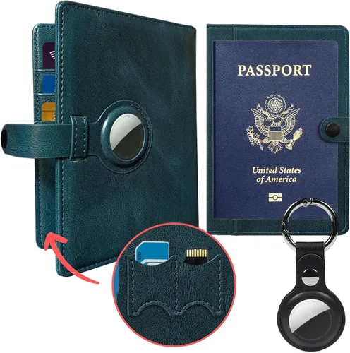 ELZAMA Soporte para pasaporte Airtag con bolsillo para AirTag, cartera RFID para pasaporte, con ranuras para tarjetas de crédito y vacuna, soporte