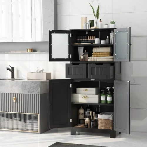Miniatura 2 de LOKO Armario de piso de baño, organizador de almacenamiento con puertas de vidrio, armario de cocina de madera con estante ajustable para sala