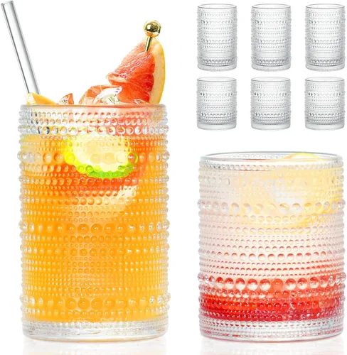 Vasos de beber con asas Hobnail con pajitas, juego de 8 vasos vintage de 15 oz y 12 oz, juego de vasos con relieve para beber, vasos de vidrio