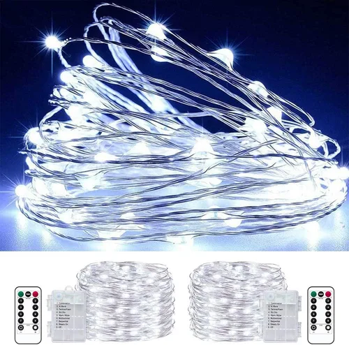 luces LED de hadas en cadena operadas a batería, 2 paquetes de 33 pies, 100 luces LED impermeables, color blanco frío, luces parpadeantes tipo