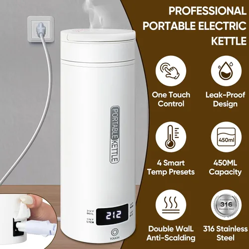 Miniatura 2 de Hervidor eléctrico portátil, hervidor de té de viaje, calentador de café de caldera de agua caliente pequeña 15.2 fl oz, acero inoxidable 316, 4