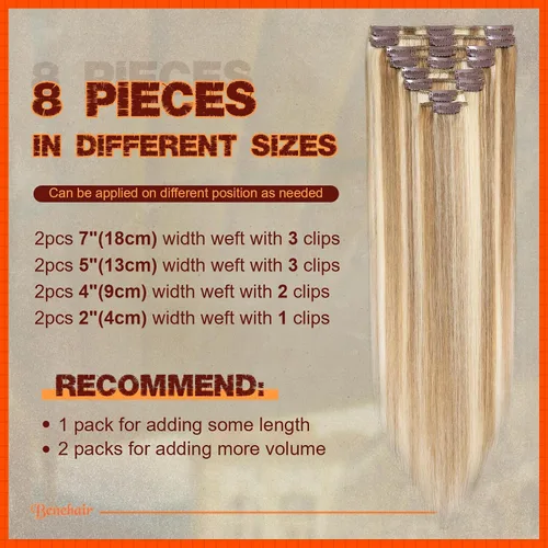 Miniatura 4 de Benehair Extensiones de cabello humano con clip, balayage, mezcla de castaño dorado con mechas rubio decolorado, extensiones de cabello