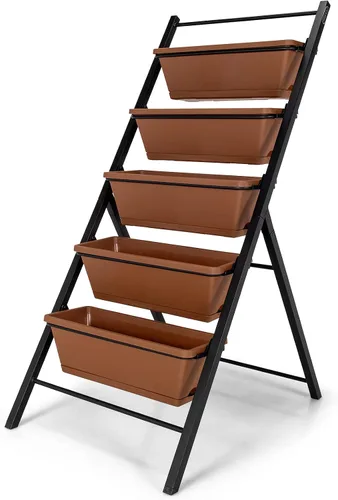 Miniatura 9 de Giantex Maceta vertical elevada, camas de jardín elevadas con orificio de drenaje de agua, cajas independientes de 5 contenedores para cultivo
