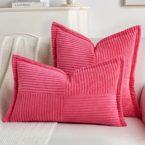 Miniatura 6 de HAUSSY Paquete de 2 fundas de almohada de 22 x 22 pulgadas, fundas decorativas de pana suave, estilo bohemio a rayas sólidas, fundas de cojín
