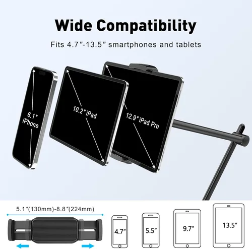 Miniatura 3 de AboveTEK Soporte para Tablet para Escritorio y Cama, Brazo de Aluminio para iPad con Abrazadera Giratoria de 360°, Soporte para Teléfono Ajustable