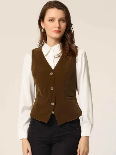 Miniatura 2 de Allegra K Chaleco de terciopelo steampunk para mujer, sin mangas, con botones, cuello en V, chalecos de traje