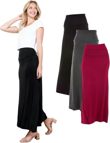 Azules 3 Pack Women’s Maxi Skirt – Soft Stretchy Rayon Fold Over High Waist Long Flowy Boho Skirt for Casual or Dressy Wear