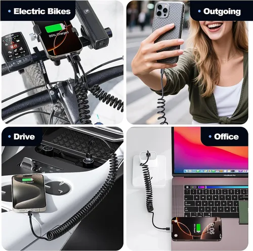 Miniatura 7 de CarPlay - Paquete de 2 cables de carga en espiral USB A a USB C para iPhone 15, cable de carga corto para automóvil/Uber, sincronización de datos