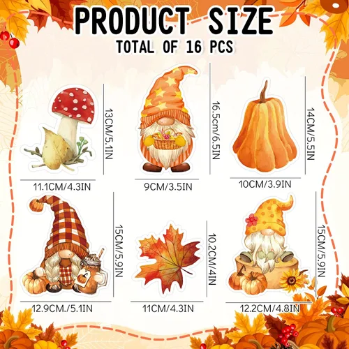 Miniatura 2 de Whaline 16 imanes de gnomo de otoño para refrigerador, calcomanías de imanes de nevera de otoño, hojas de arce, calabazas, forma de gnomo