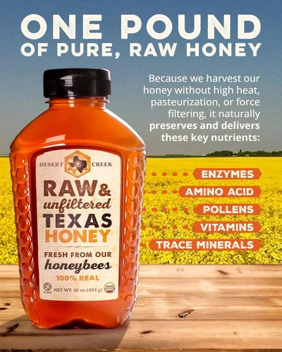 Miniatura 5 de Desert Creek Honey - Miel 100% sin filtrar, pura y cruda de Texas - Sustituto natural del azúcar - Una libra de miel americana sin procesar y sin